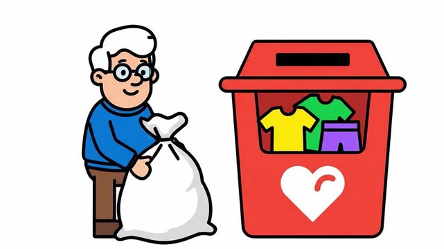 Cartoon man donates clothing to a donation bin with a heart, promoting kindness and charity,