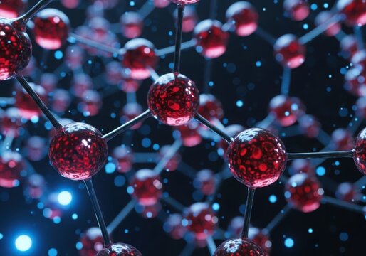 A closeup view of a molecular structure with glowing red spheres connected by dark lines, representing science and chemistry