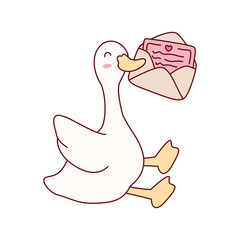 Goose or duck flying and delivering an open love letter in an envelope, symbolizing romance and fast mail.