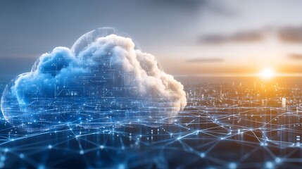 Digital Cloud Computing Concept with Futuristic Network Visualization and City Skyline at Sunset