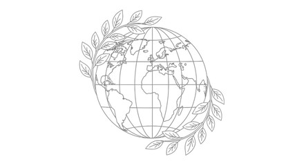 A grayscale globe outline encircled by verdant branches signifying environmental harmony and