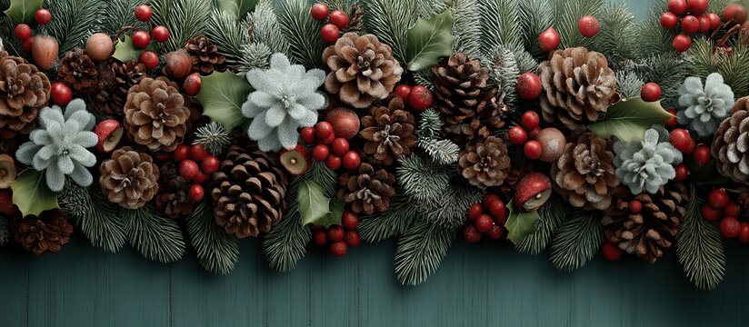 The top border of the background features an arrangement of pine cones holly leaves red berries white flowers and evergreen branches on a green wooden surface