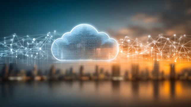 Digital Cloud Technology Concept with Network Connections Over City Skyline at Dusk - Powered by Adobe