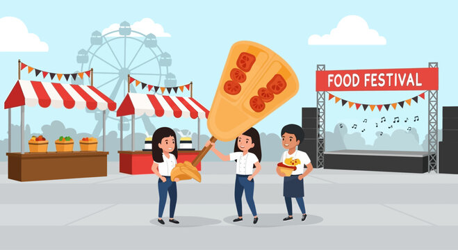 Animated food fair scene featuring vendors, food stalls, stage and a ferris wheel adding fun to