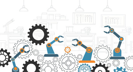 Automated assembly line with mechanical arms and gears creating innovative solutions