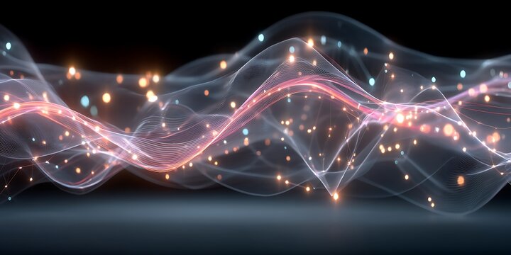 Abstract wave movement with glowing orbs and flowing lines in soft colors against a dark background