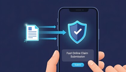 Mobile Interface Showing Document Icon Moving into Shield for Fast Online Insurance Claim