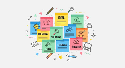 Colorful sticky notes with diverse business concepts symbolizing collaborative creative thinking
