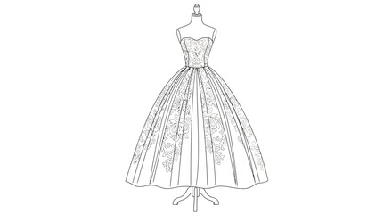 Elegant ball gown sketch with intricate floral embellishments, displayed on a mannequin for