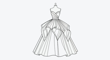 Elegant gown design sketch, strapless sweetheart bodice with flowing layered skirt illustration