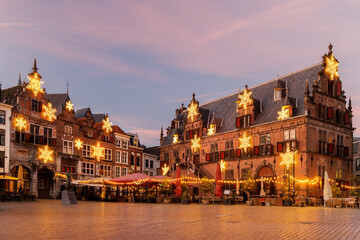 The central historic square with christmas lights in the ancient city center of Nijmegen, The...