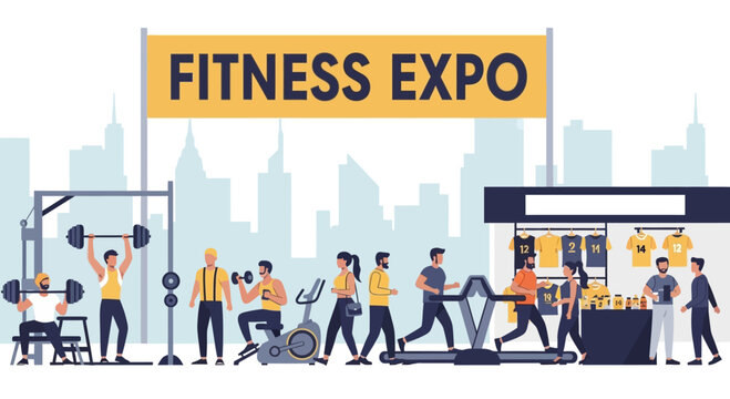 Dynamic Fitness Expo Event Illustration Showcasing a Variety of Health Activities and Vendors