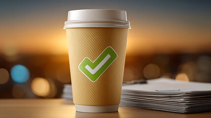 Eco-Friendly Coffee Cup with Checkmark Symbol on Sunset Background and Paper Stacks in Warm, Soft Light