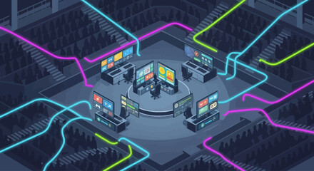 Esports competition venue with advanced gaming setups illuminated by vibrant neon flows