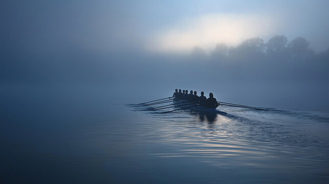A rowing team pushing through water in perfect synchronization, oars slicing, morning mist, unified sports strength. - Powered by Adobe