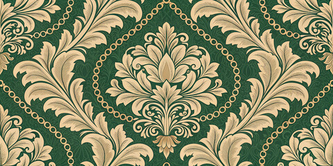 Fototapeta premium Luxury damask pattern background with decorative ornaments antique elements and golden chains for classic vintage design greeting card invitation or packaging