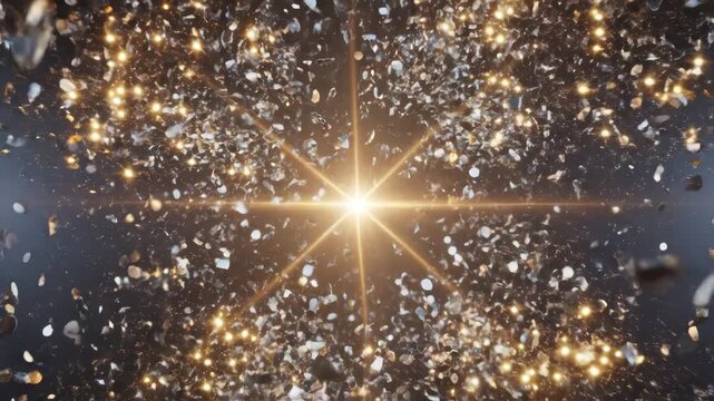 mirrored facets of disco ball fly apart in dynamic, slow motion blast. intense light erupts from center. abstract background for nightclub or celebration visuals.