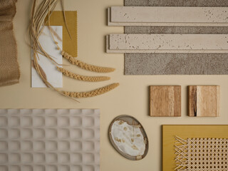 Neutral beige and ochre material palette with wood, stone, and fabric samples. A natural, organic...