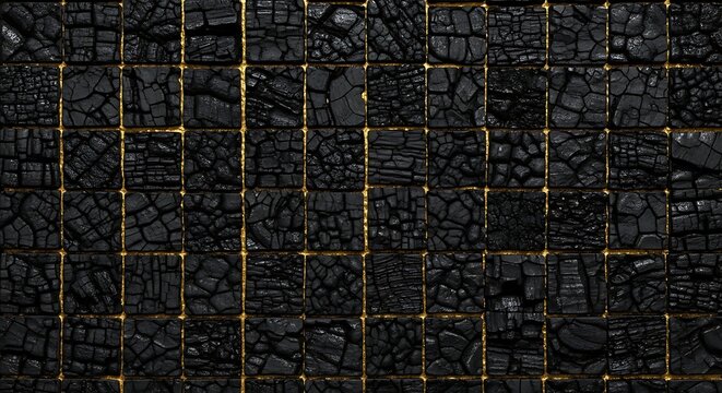 Seamless Rustic Yakisugi Wood Mosaic Texture Background with Shimmering Gold Resin Gaps