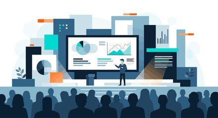 Modern Business Presentation with Abstract Cityscape and Audience Silhouette design