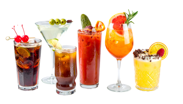 Variety of Colorful Alcoholic Cocktails with Garnishes and Transparent Background