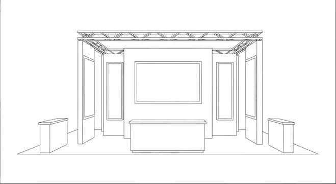 Monochrome trade show booth blueprint with customizable exhibition space design