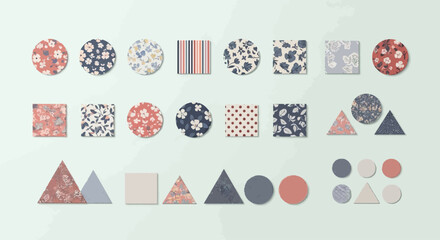 Playful geometric composition with diverse floral patterns and harmonious pastel color palette