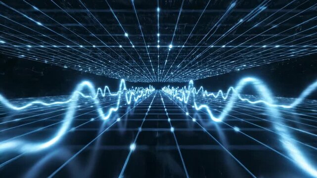 Digital Sound Waves: An abstract representation of digital sound waves visualized with illuminated lines, depicting the flow of data and energy within a technological landscape.