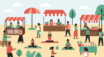 Vibrant diverse community enjoying outdoor market with food vendors and yoga sessions atmosphere