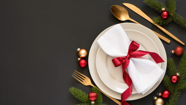 Christmas table setting with white plates, red ribbon napkin, golden cutlery, fir branches and ornaments on black background in elegant holiday style