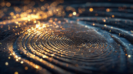 Intricate Fingerprint Detail illuminated by shimmering lights, revealing its unique and complex pattern. The image is an artistic representation