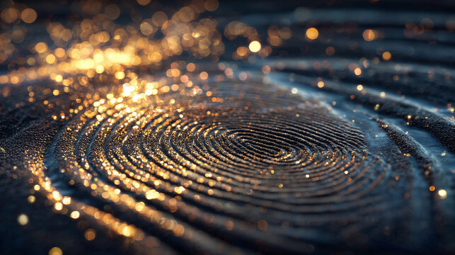 Intricate Fingerprint Detail illuminated by shimmering lights, revealing its unique and complex pattern. The image is an artistic representation