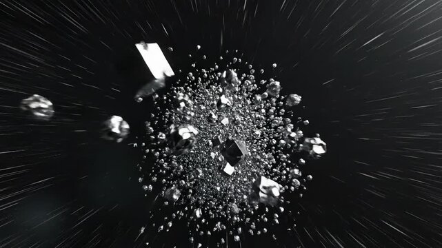 Celestial Fragmentation: A cosmic display unfolds, showcasing the shattering of an unidentified object into a multitude of fragmented celestial entities hurtling through the vast expanse of space.