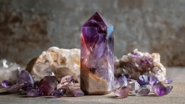 Vibrant amethyst tower with crystals on rustic background