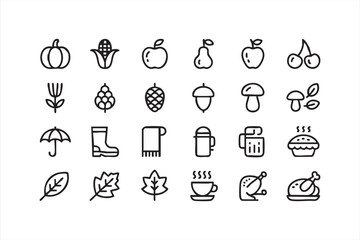 Fall essentials icon suite including scarf, boots, leaves and seasonal produce for UI kits