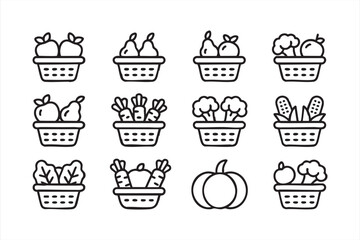 Harvest produce baskets with fruit, vegetables and farm elements for UI layouts