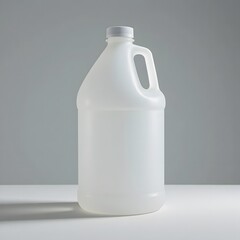 A white plastic gallon jug with handle and cap sits on a white surface isolated on white background