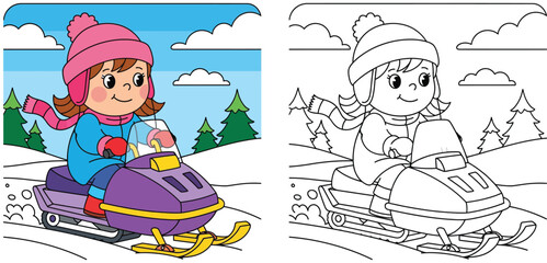 Coloring book page vector illustration of a cute cartoon girl riding a snowmobile in a winter forest with a colorful example and black and white outline.