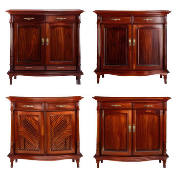 Four antique wooden cabinets in varied angles and styles