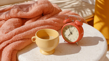 In a serene corner of a cozy home, a soft blanket drapes over a side table. A cheerful yellow cup sits next to a red clock, basking in the warm afternoon sunlight. Perfect for relaxation