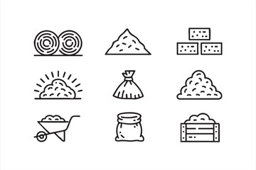 Garden supply icon suite including mulch mounds, crates and wheelbarrows for UI use