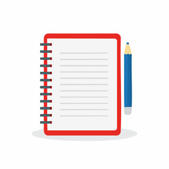 Illustration of a red notebook with lined pages and a blue pencil beside it.
