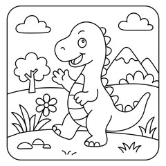 Cute T-Rex Dinosaur in Nature – Kids Printable Coloring Page Illustration