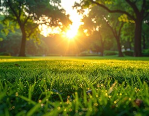 Sunrise Over a Dewy Green Lawn in a Tranquil Park.