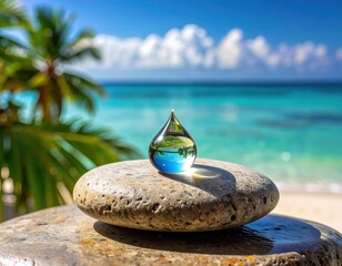 Tranquil Water Droplet on a Serene Tropical Stone
