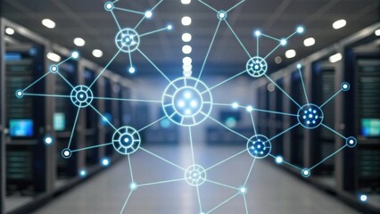 A futuristic depiction of a network with interconnected nodes, set against a backdrop of server racks in a data center.