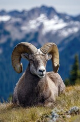 Naklejka premium Mountain goat resting on a hilltop, majestic horns
