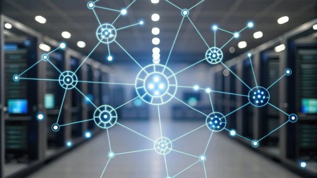 A futuristic depiction of a network with interconnected nodes, set against a backdrop of server racks in a data center.