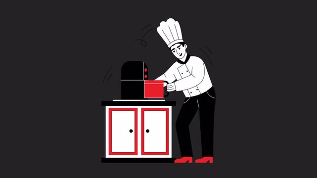Chef cooking in kitchen 2D Motion Graphics Animation Alpha channel