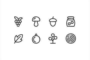 Fall forage outline symbols with mushrooms, acorns, grapes and nature motifs for web design